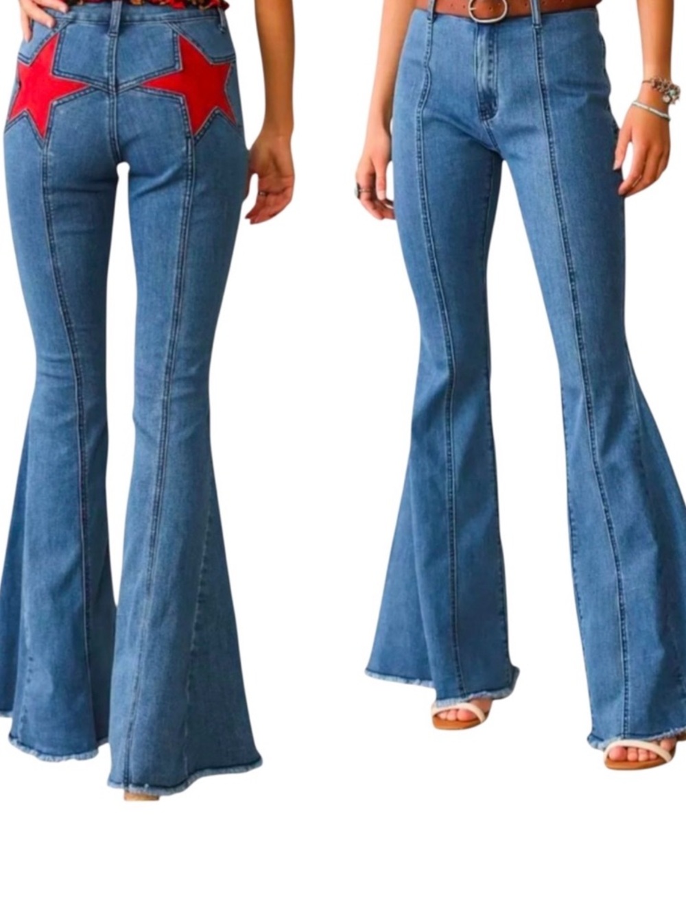 High-Rise Blue Flare Jeans with Red Star Pocket Detail